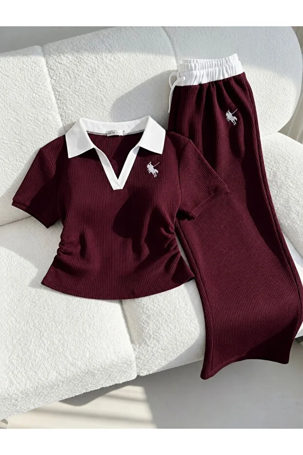 Polo Yaka Nakışlı Büzgülü Takım